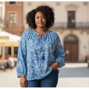STELLA PARKER Women's XXL Blue Floral NWT Long Sleeve Peasant Blouse Tassel Tie